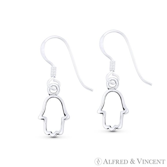 Hamsa Hand Evil Eye Luck Charm Dangling Earrings in .925 Sterling Silver - Picture 1 of 1
